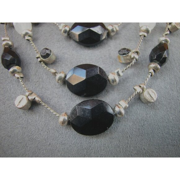 Black Multi-Strand Necklace With Faceted Beads Floral Accents & Silver-Tone Chai - Picture 3 of 4